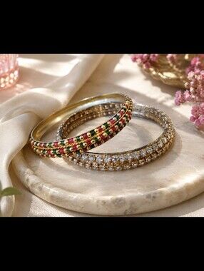 Gold  Rhinstones and Multicolor Beaded Bangles Set Of 2 . Indian Bollywood